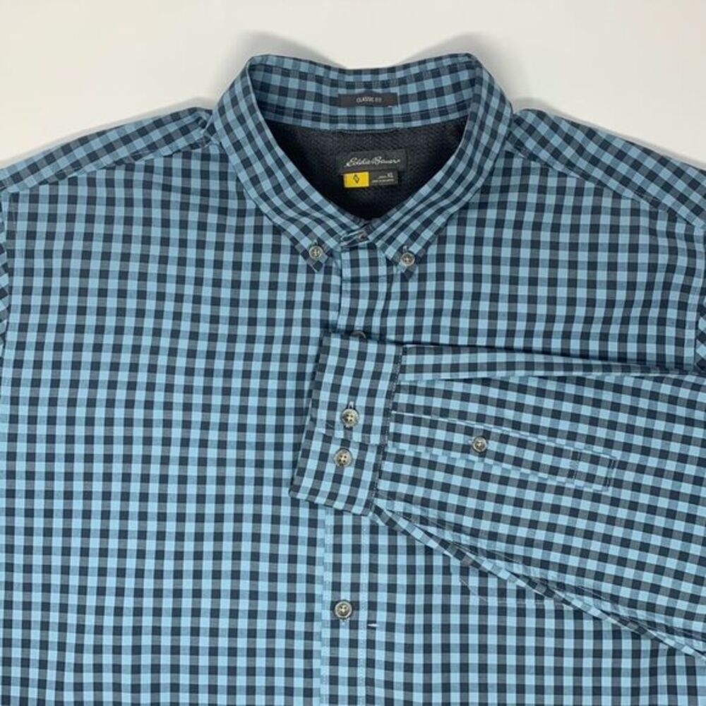 Eddie Bauer Classic Fit Teal & Navy Blue Check Men's Long Sleeve Shirt‎ Size XL